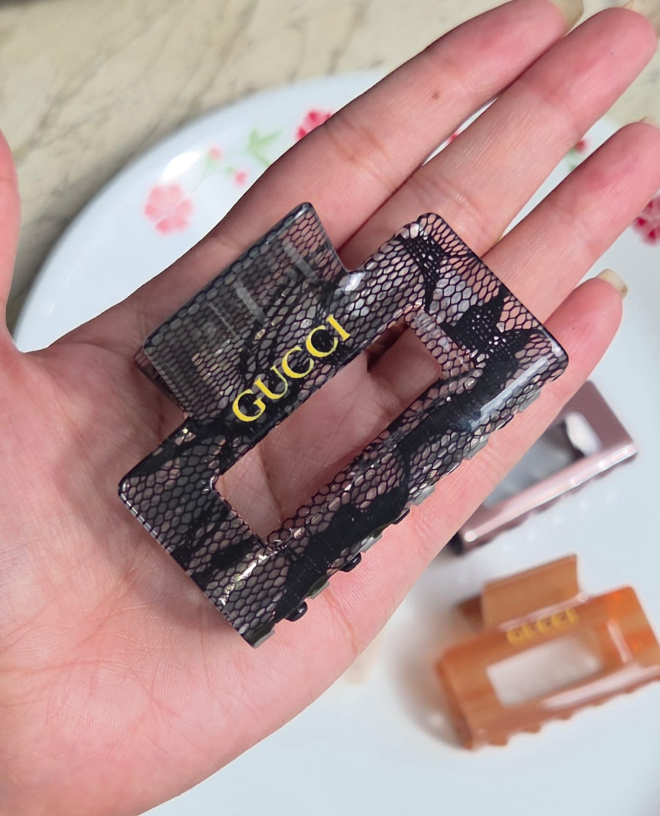 > "Unique black lace mesh patterned clear acrylic rectangular hair clip for updos."