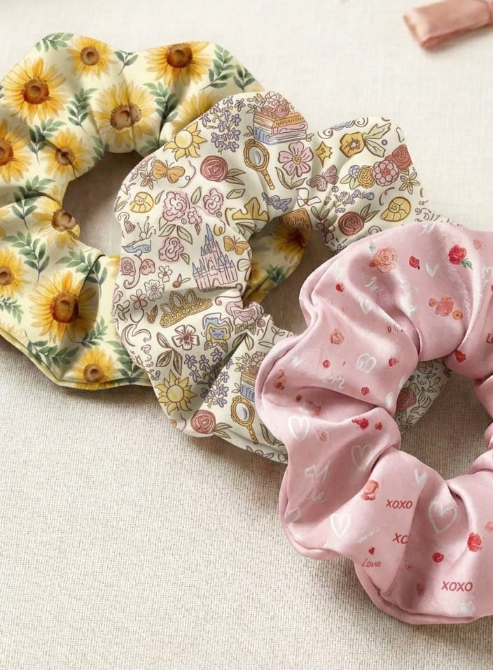Pack of 3 scrunchies - sunflower floral, princess doodle and pink XOXO heart hair tie set for women and girls