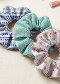 Pack of 3 scrunchies - blue geometric, teal ditsy floral and lavender garden hair tie gift set