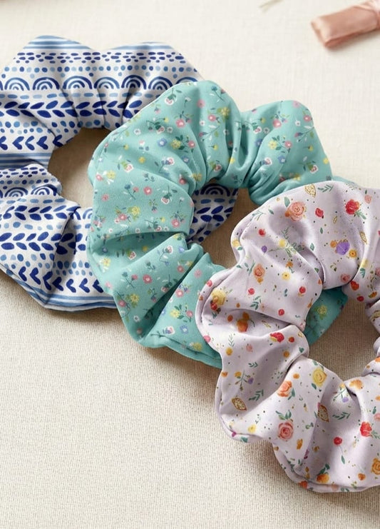 Pack of 3 scrunchies - blue geometric, teal ditsy floral and lavender garden hair tie gift set