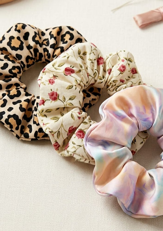 Pack of 3 scrunchies - leopard print, vintage rose floral and pastel tie dye hair tie bundle for women