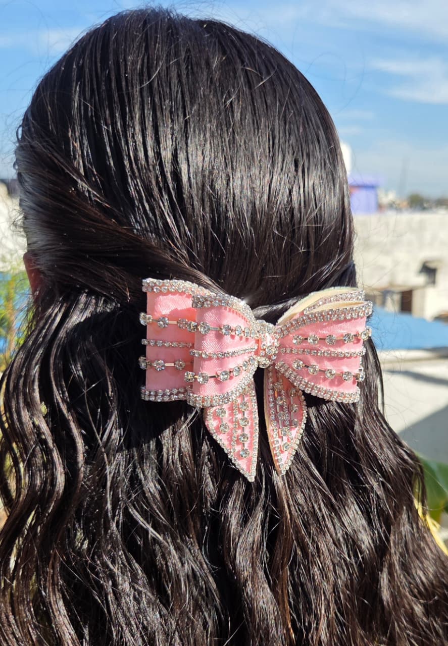 Cute pink satin bow hair clip embellished with silver rhinestones for girls and women

