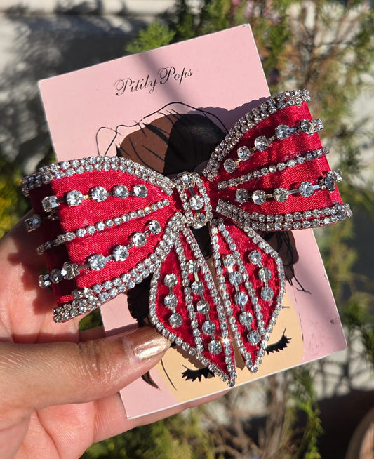 3. Glamorous red statement hair bow clip for women and girls with shiny crystal embellishments and buckle back

