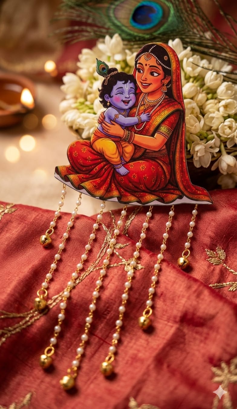 ​A close-up shot of a traditional Indian hair accessory featuring a colorful illustration of Yashoda holding baby Krishna. The accessory is placed on a textured red and gold silk fabric, with white jasmine flowers (mogra), a peacock feather, and a lit diya blurring softly in the background. Pearl-beaded strands with small golden ghungroo bells hang elegantly from the base