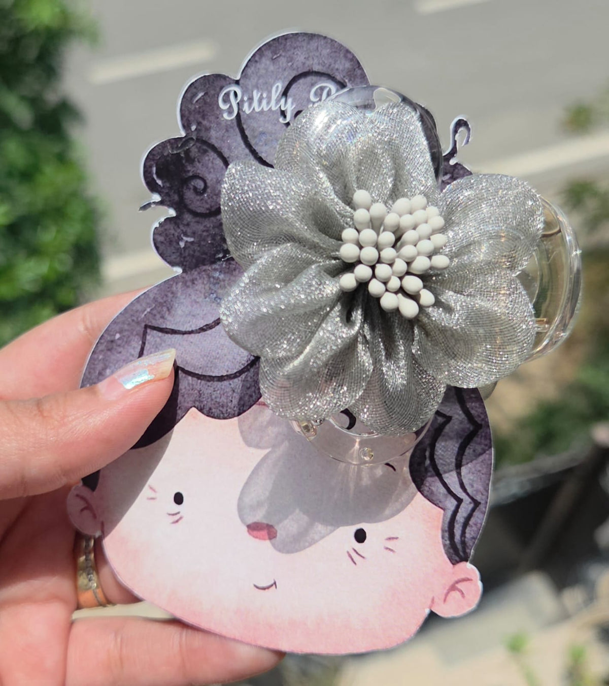 Silver grey textured mesh fabric flower hair claw clip.
