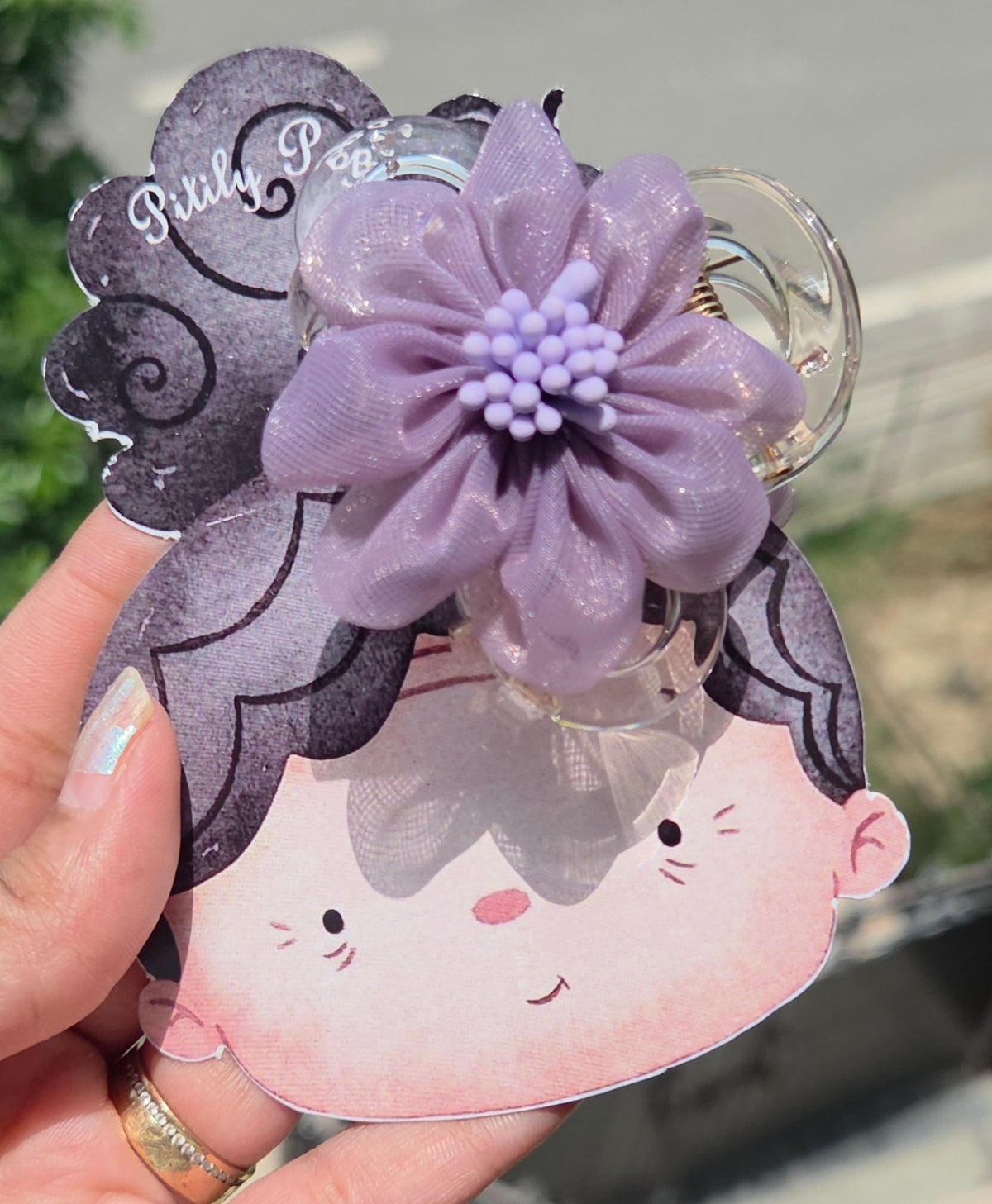 Dusty purple organza floral claw clip hair accessory for women.
