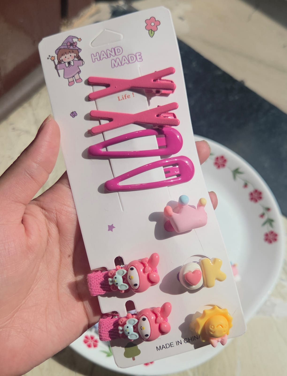 Vibrant hot pink kids hair clip card featuring handmade snap pins and pink bunny charms.