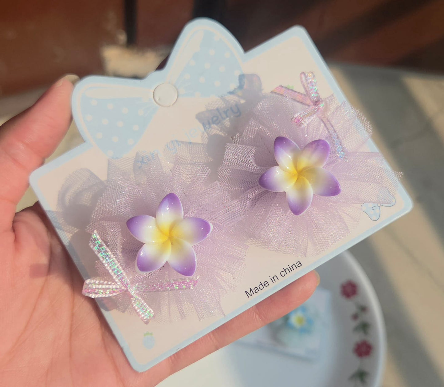 Lavender purple soft tulle frangipani flower kids hair accessories matching pair