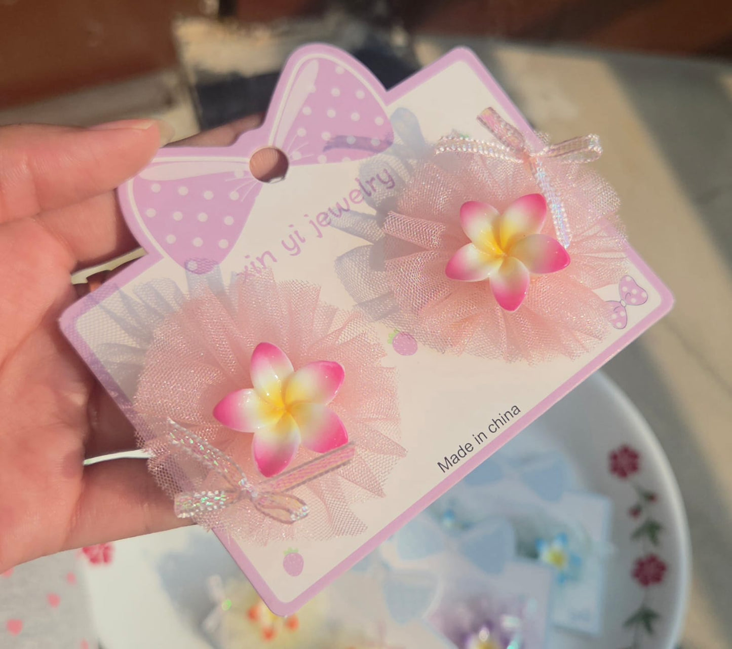 Blush pink ruffled tulle plumeria flower hair clips for girls pair