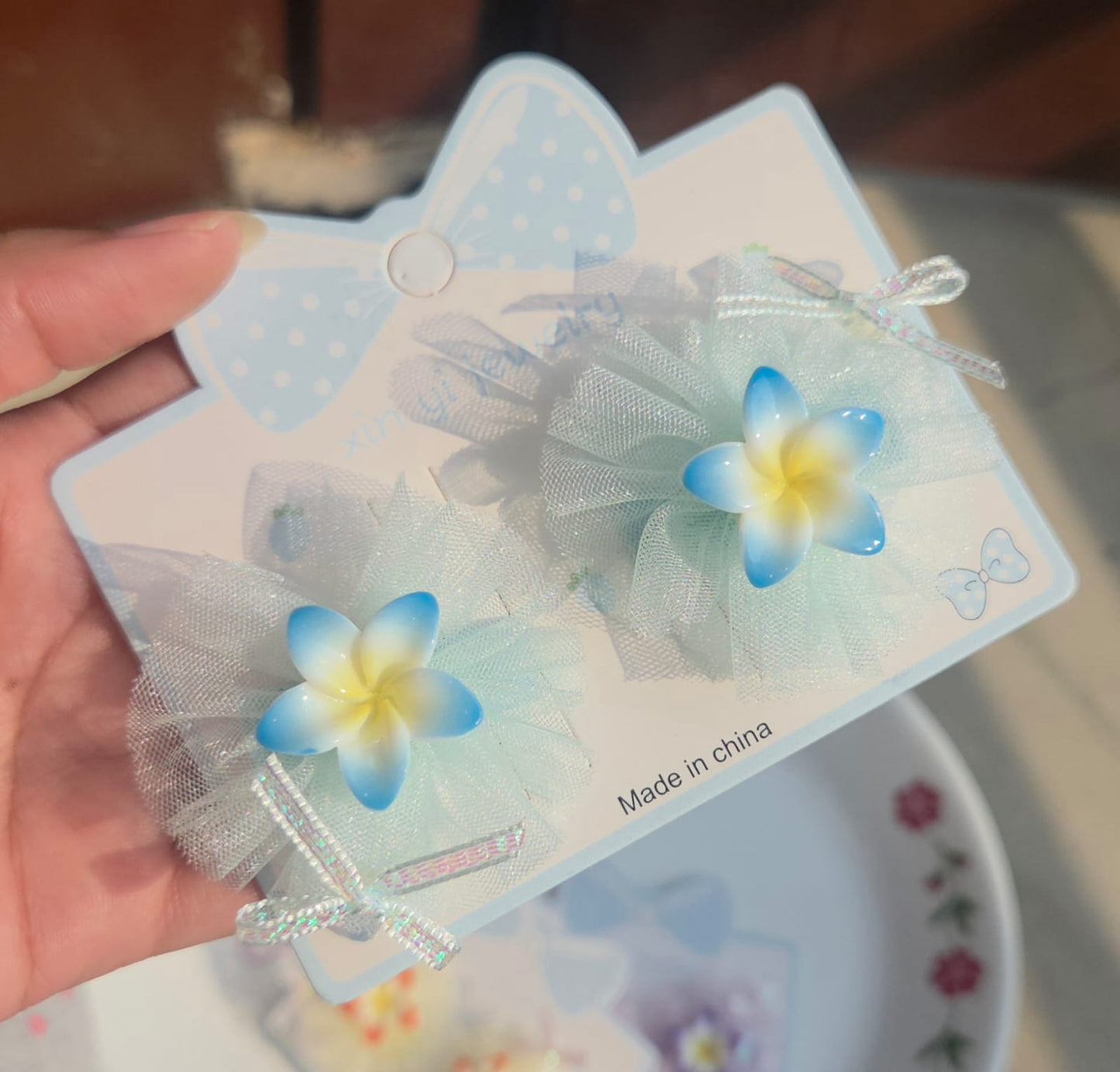 Mint blue mesh tulle flower hair barrettes for toddlers set of two