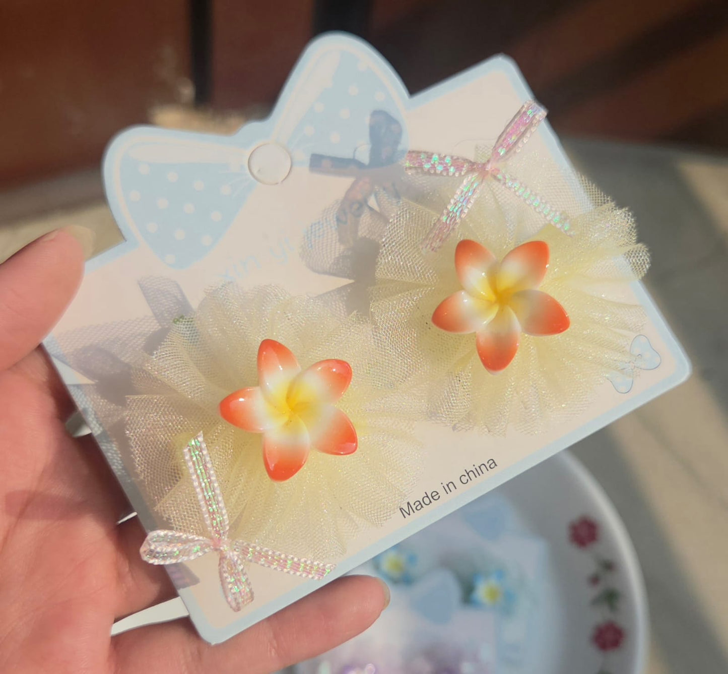 utter yellow mesh flower barrettes with mini glitter ribbon bow for children