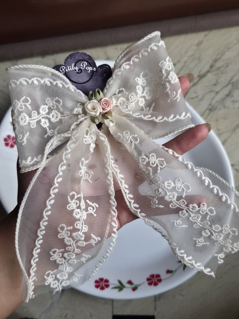 Cream off-white embroidered lace hair bow clip perfect for wedding and bridal hairstyles
