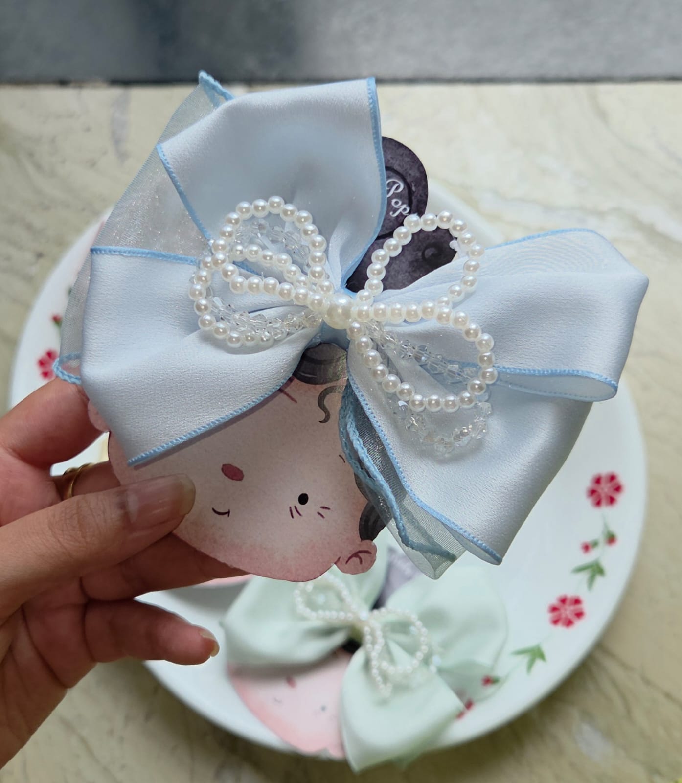 Sky blue satin bow hair clip with pearl beads on alligator clip