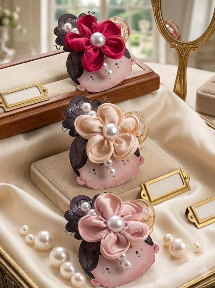    Three satin floral hair claw clips with pearl centers displayed in ruby red, champagne, and blush pink colors.
