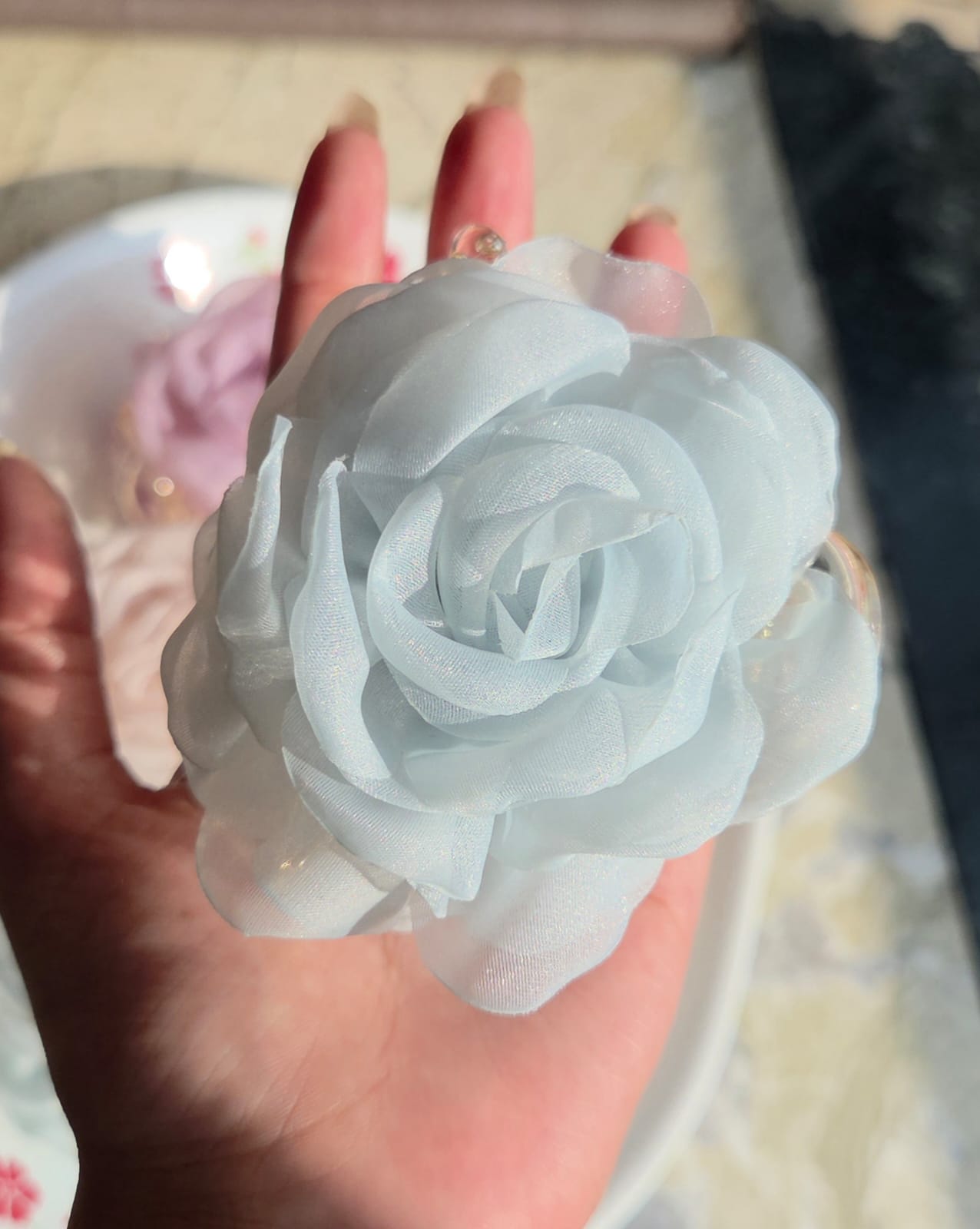    Pastel baby blue organza rose flower hair claw clip with strong grip.
