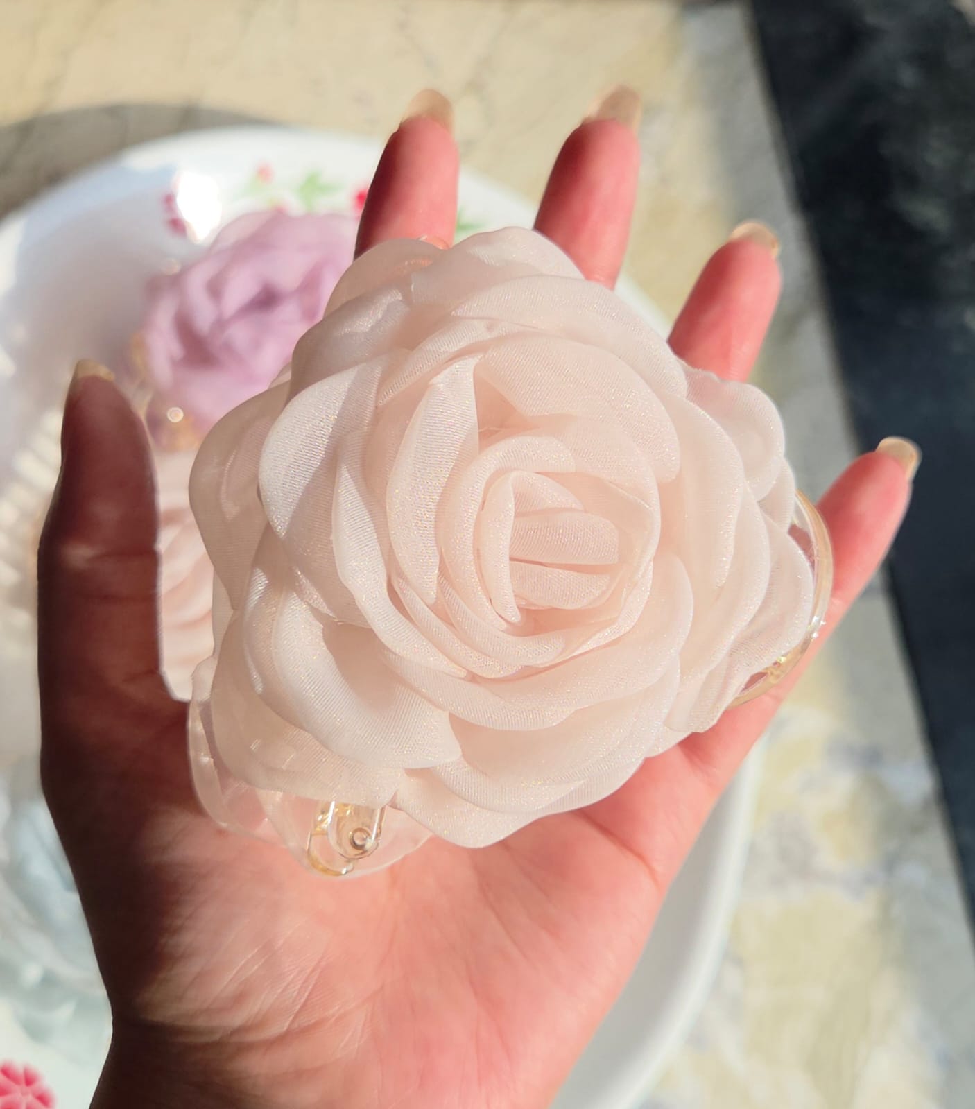    Cream off-white fabric rose flower hair clutch clip for elegant hairstyles.
