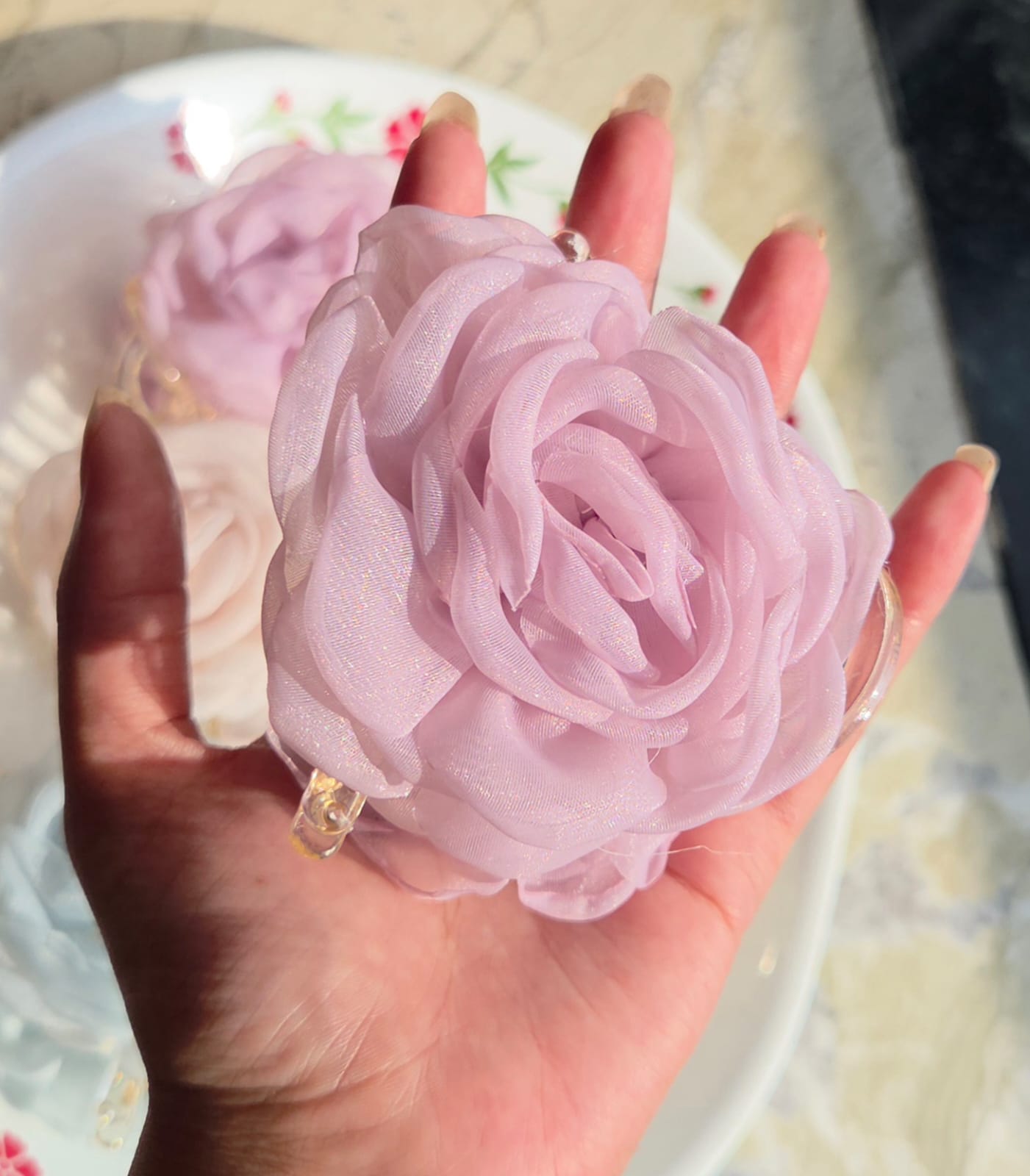    Dusty pink organza floral rose hair clutcher clip for women.
