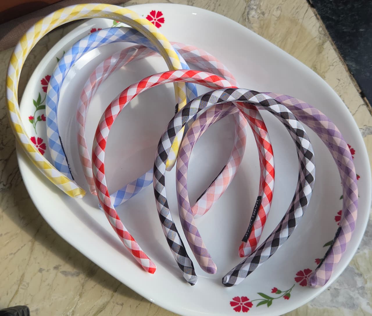    Pastel yellow and sky blue gingham checked padded headband for women
