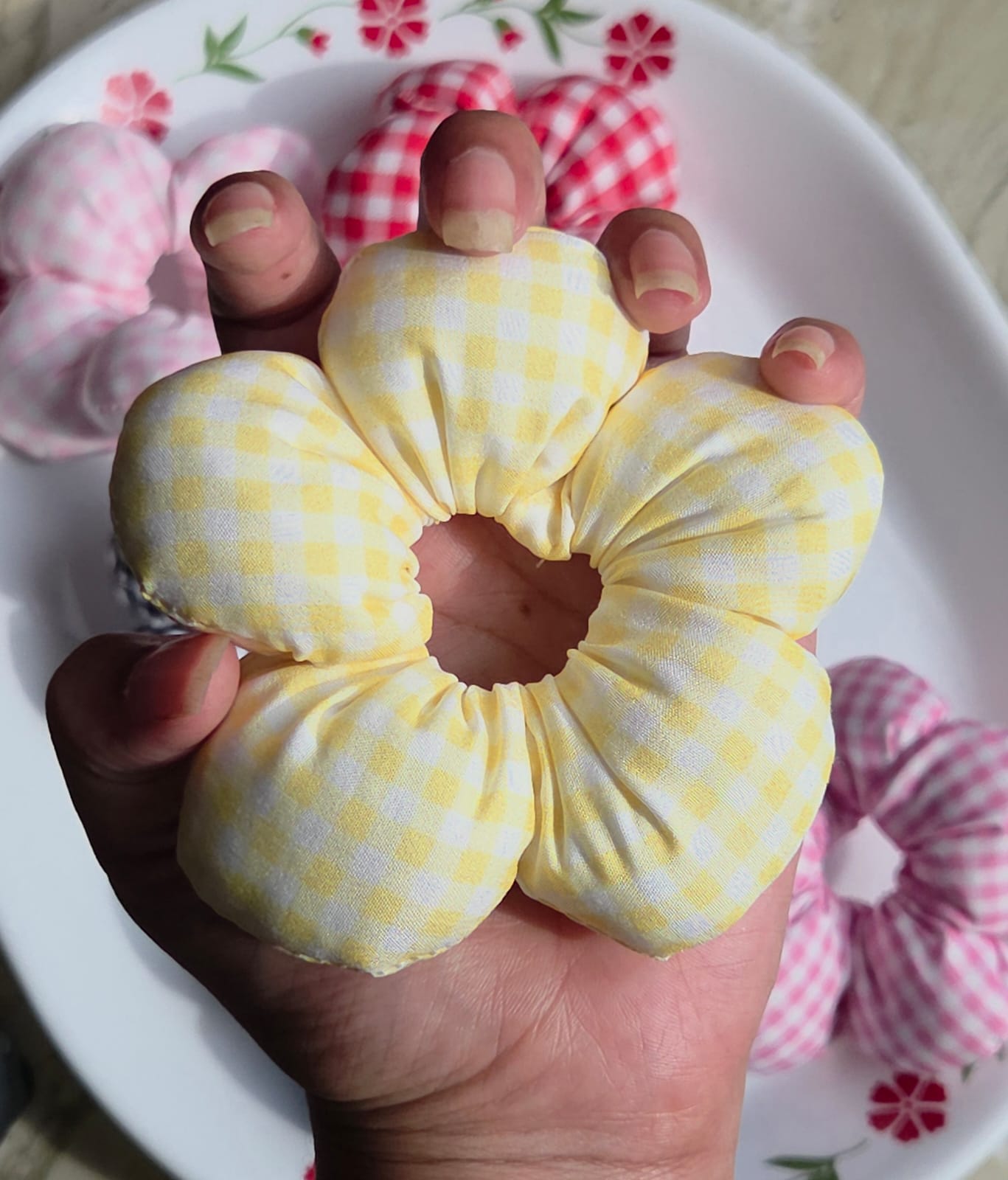   Pastel yellow checkered flower hair scrunchie accessory
