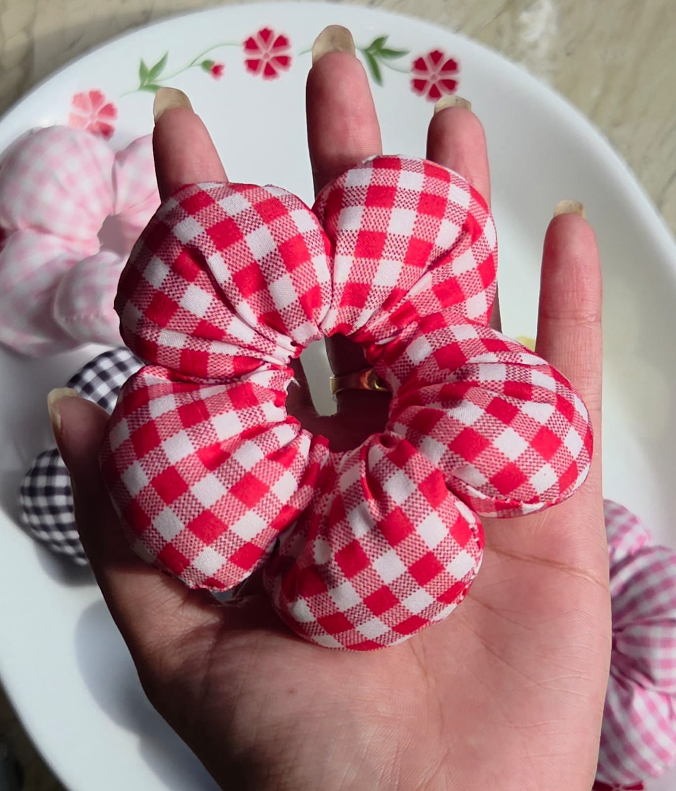    Red and white plaid flower shaped hair bun scrunchie
