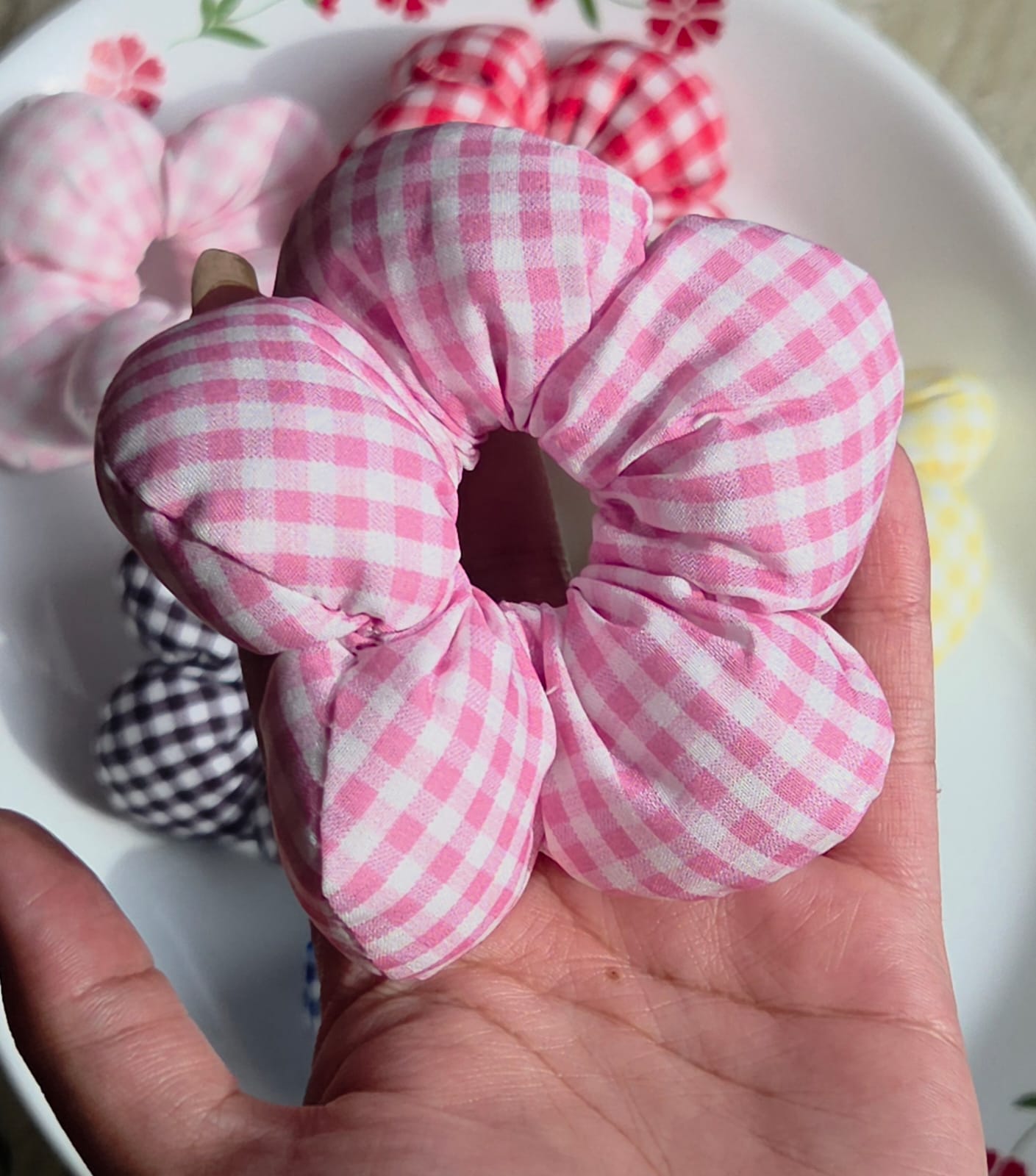    Vibrant rose pink plaid flower shaped hair tie