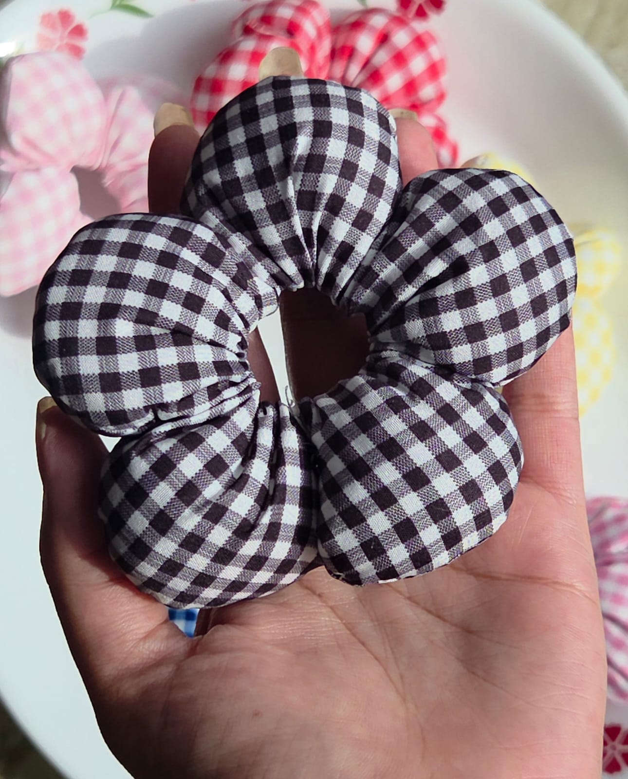    Black and white gingham plaid floral bun hair tie
