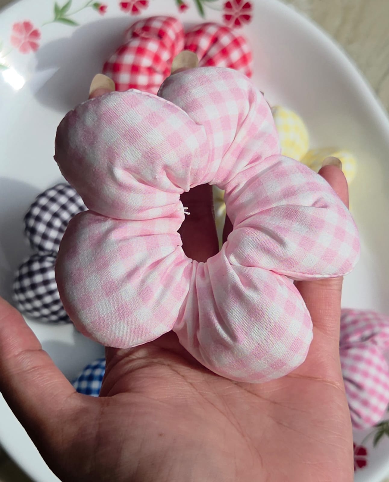    Light pink gingham floral hair scrunchie tie
