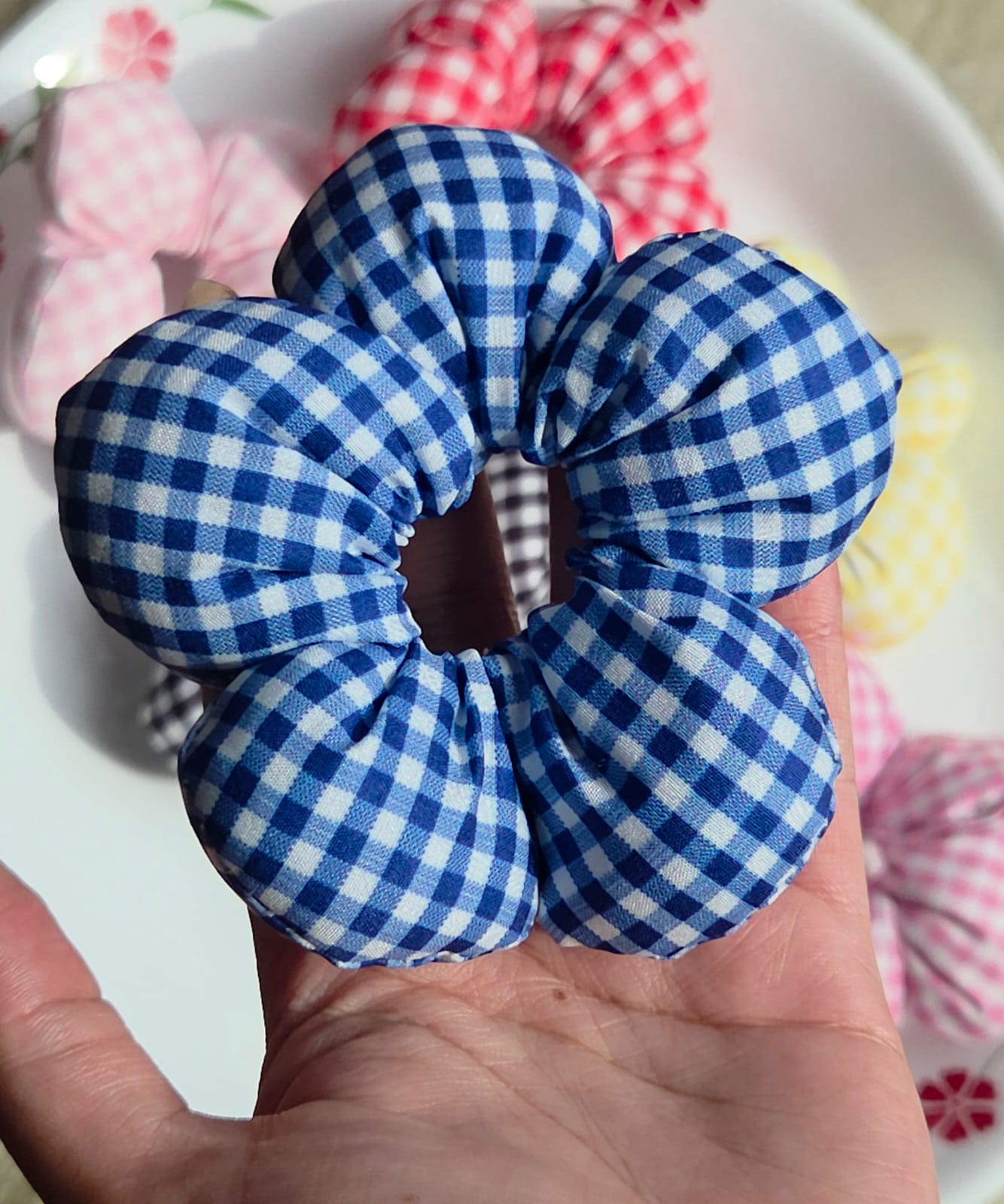    Royal blue checkered flower shaped hair scrunchie
