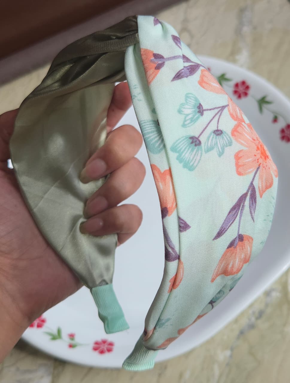    Olive green satin turban headband with wide top knot detail

