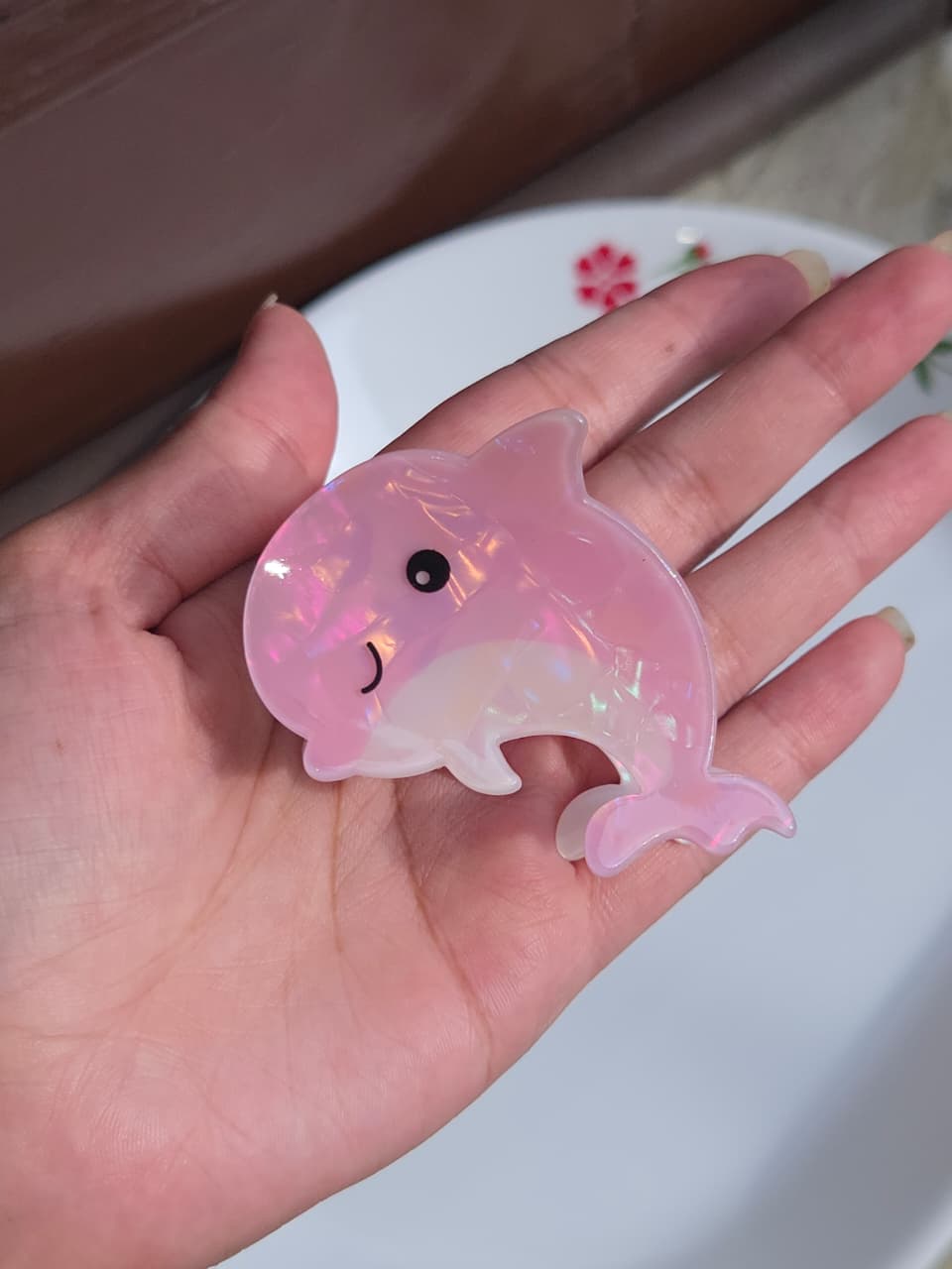    Cute pink iridescent dolphin hair claw clip for girls