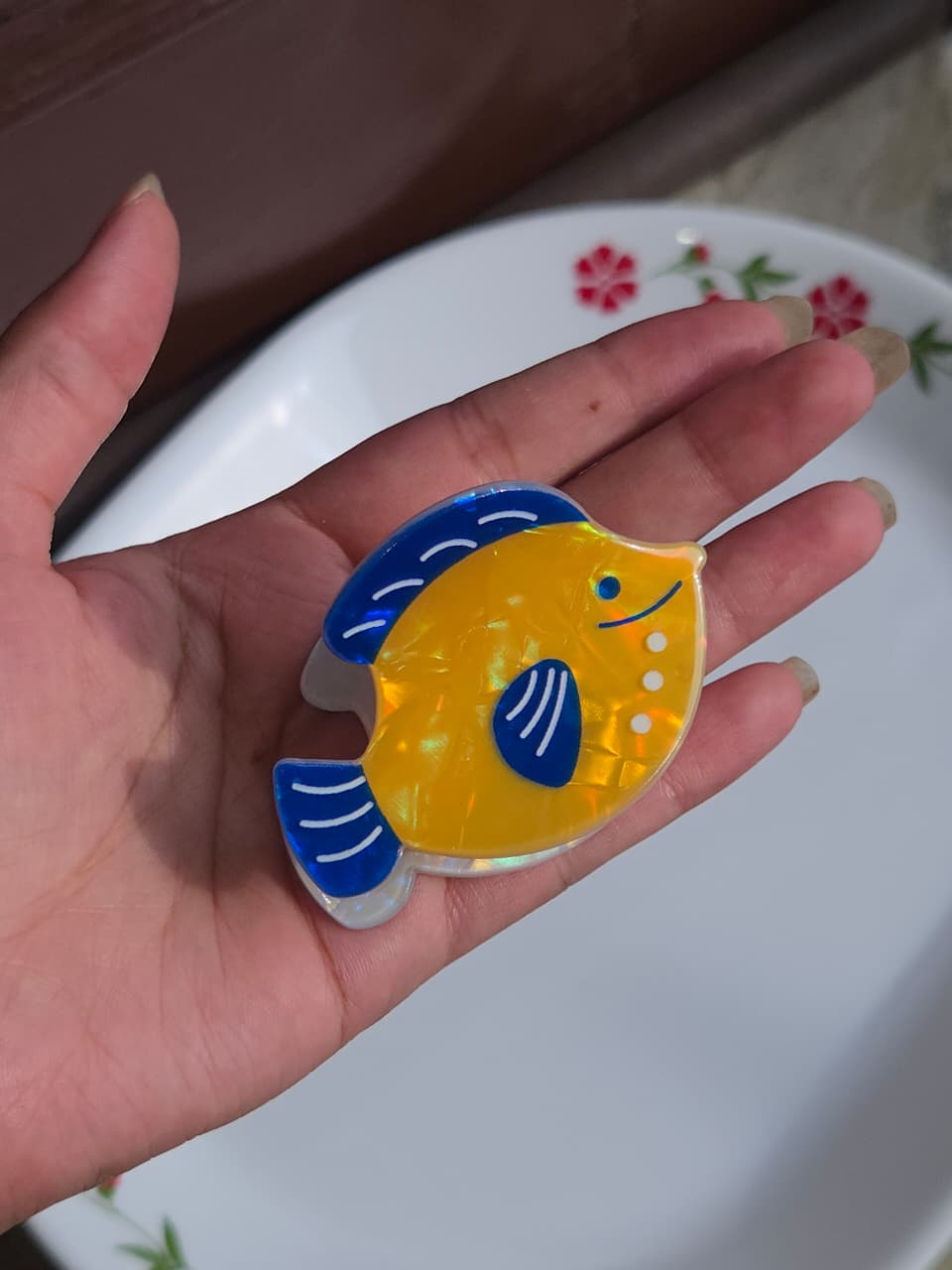    Bright yellow and blue tropical fish acrylic hair claw clip