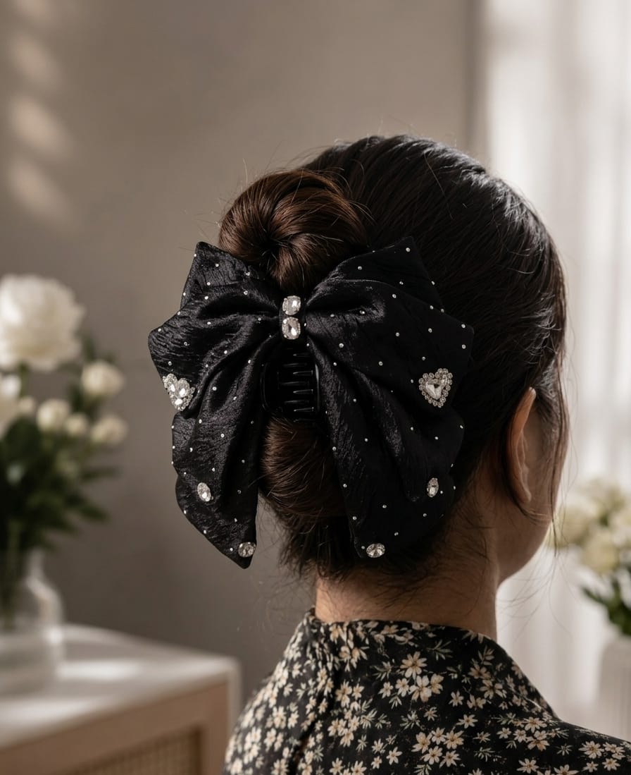 Model showing a high bun hairstyle secured with a large black textured fabric bow claw clip, embellished with silver rhinestones and crystal heart accents