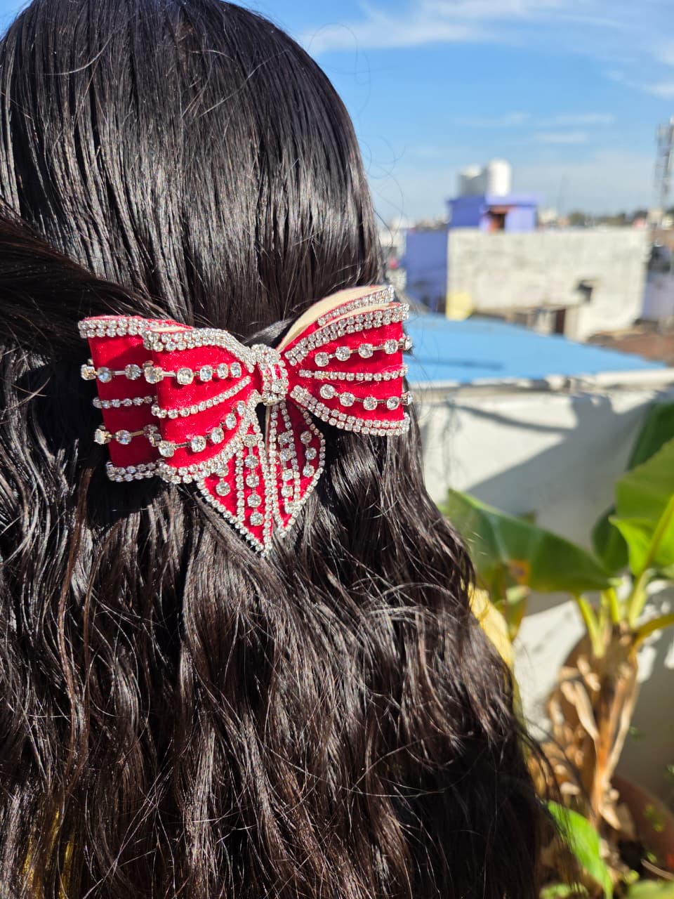 2. Premium red satin hair bow embellished with sparkling rhinestones for party and festive hairstyles
