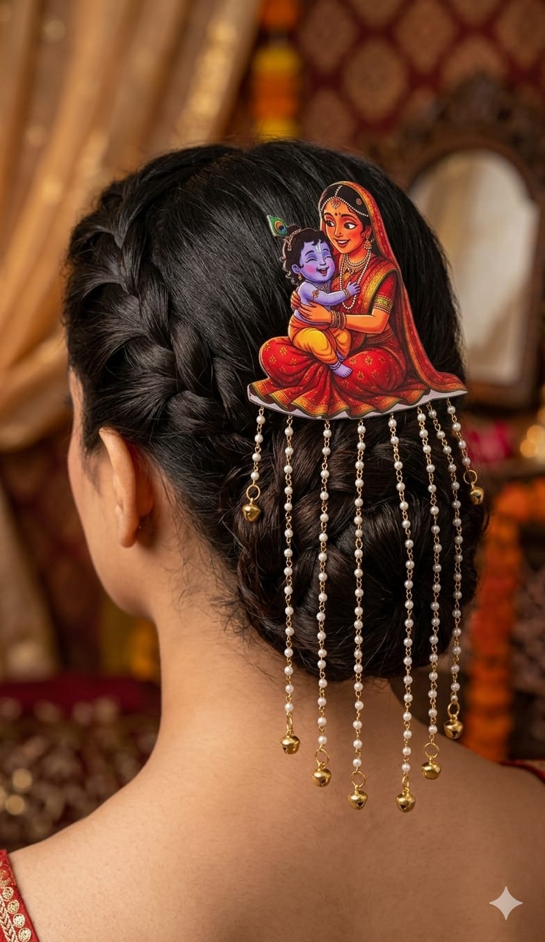 Close-up from behind of a woman with dark hair styled into an elegant braided bun. A traditional hair accessory depicting Yashoda and baby Krishna is pinned above the bun, with multiple delicate pearl and gold ghungroo chains draping beautifully over the hairstyle. The background shows a warm, festive setting.