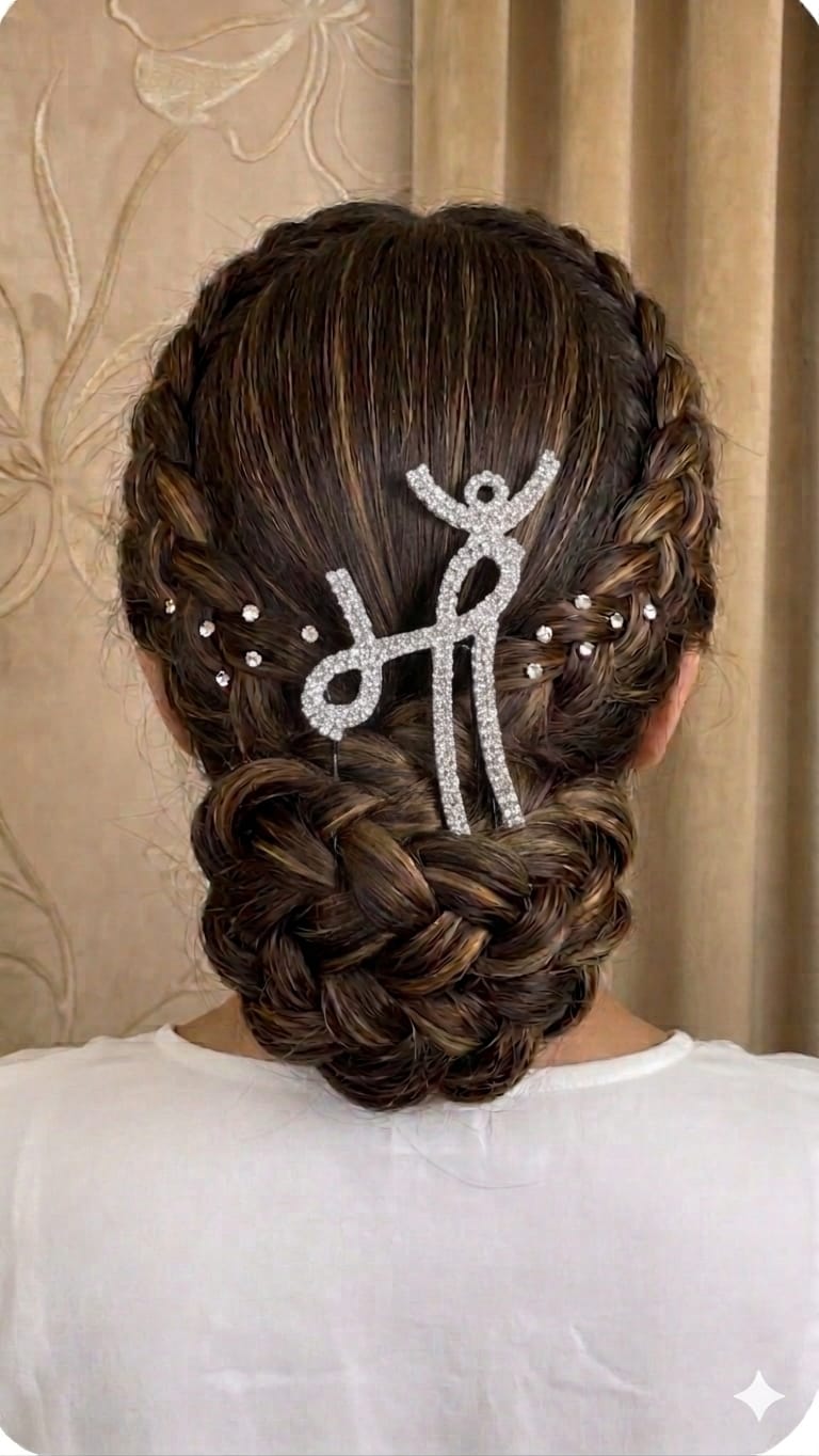 Rear view of a woman's intricate braided low bun hairstyle adorned with a large, sparkly silver rhinestone hair pin. The pin is shaped in the Devanagari script for the word "Maa" (Mother). Delicate crystal hair studs are placed along the side braids against a neutral fabric background.