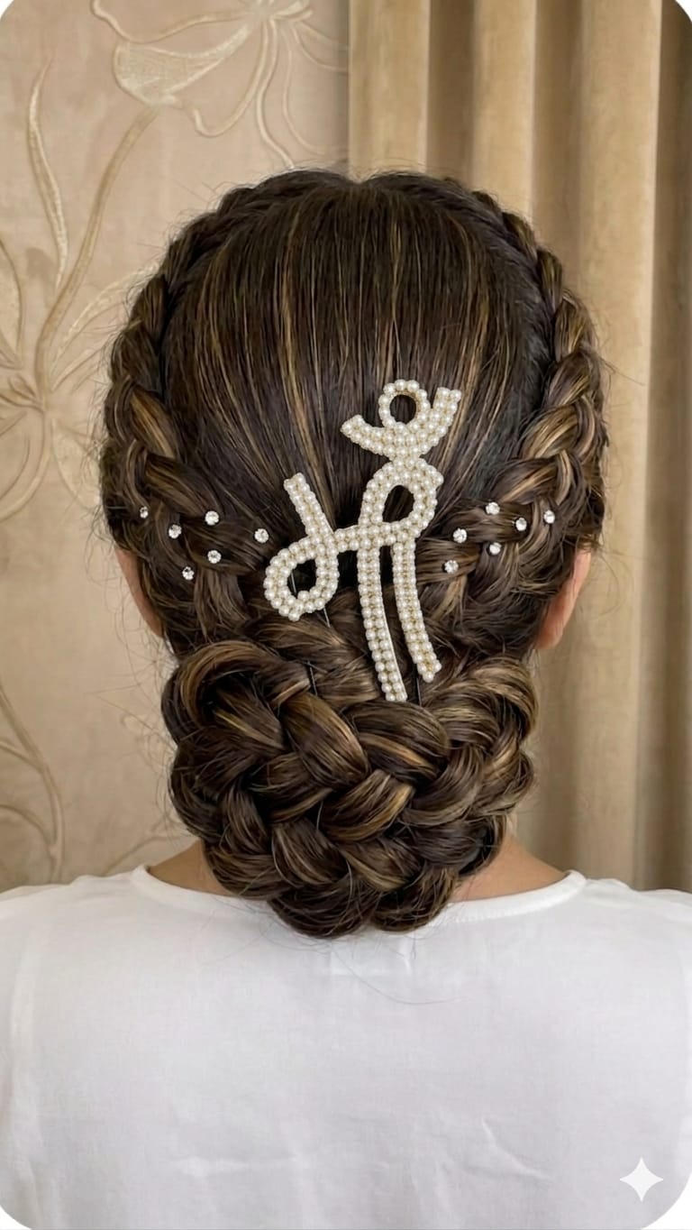 A woman's dark hair styled in a braided low updos, featuring an elegant hair pin in the center shaped like the Hindi word "Maa" written in Devanagari script. The pin is densely embellished with small, uniform white pearls. Matching pearl studs accent the surrounding side braids.