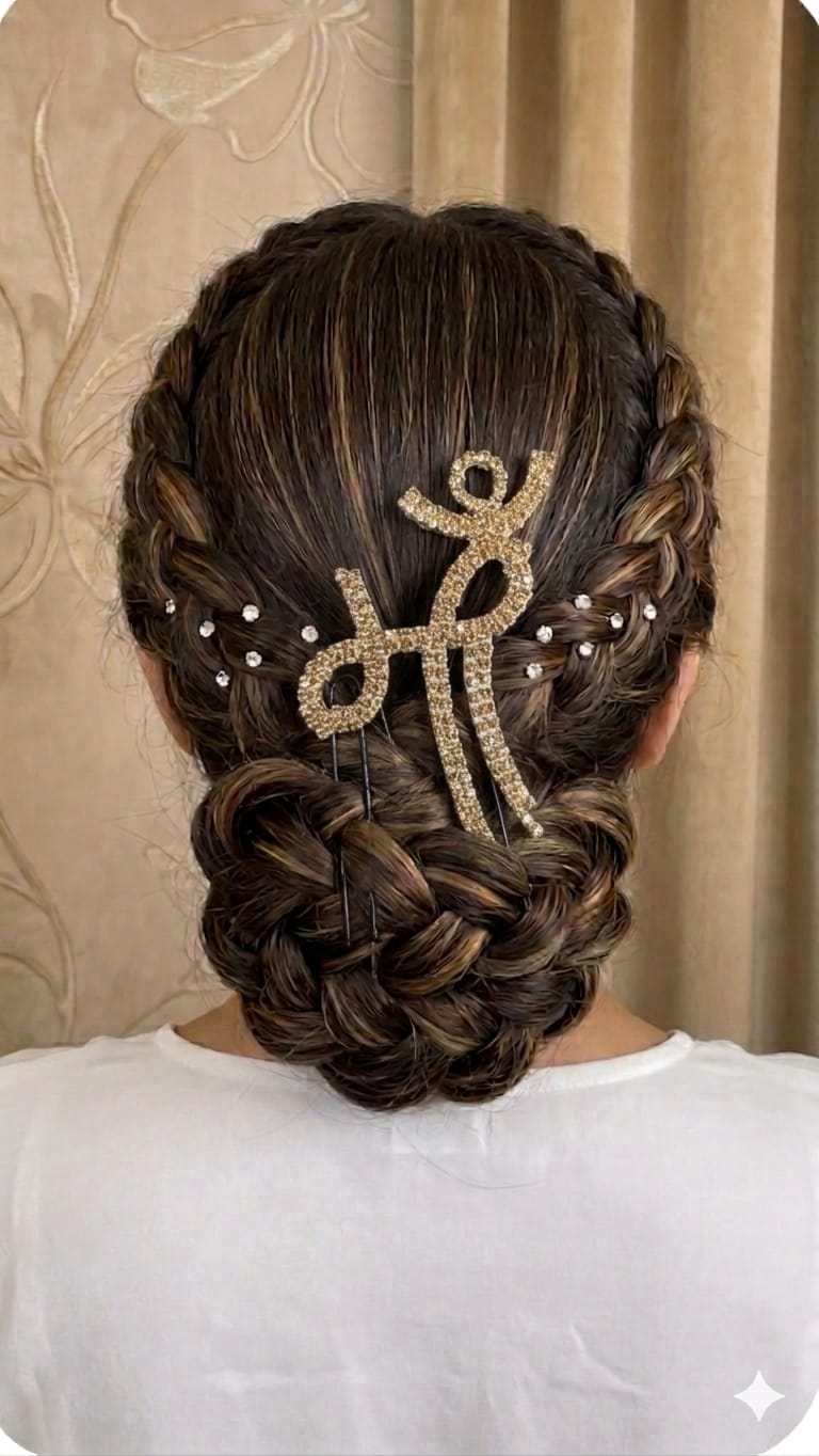 Close-up from behind of a braided bridal bun hairstyle decorated with a shimmering golden rhinestone hair pin. The pin beautifully spells out "Maa" in Devanagari script. Small gold crystal accents are pinned along the sides of the braided crown.