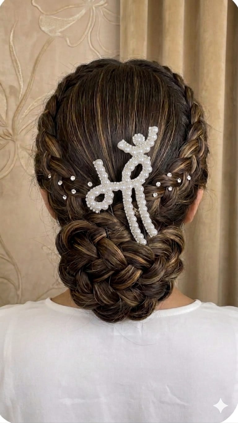 Rear view of an elegant braided hair bun featuring a unique "Maa" script hair accessory. This version of the Devanagari calligraphy pin is crafted with a row of round white pearls bordered by tiny glittering crystals. Small crystal pins line the side braids.