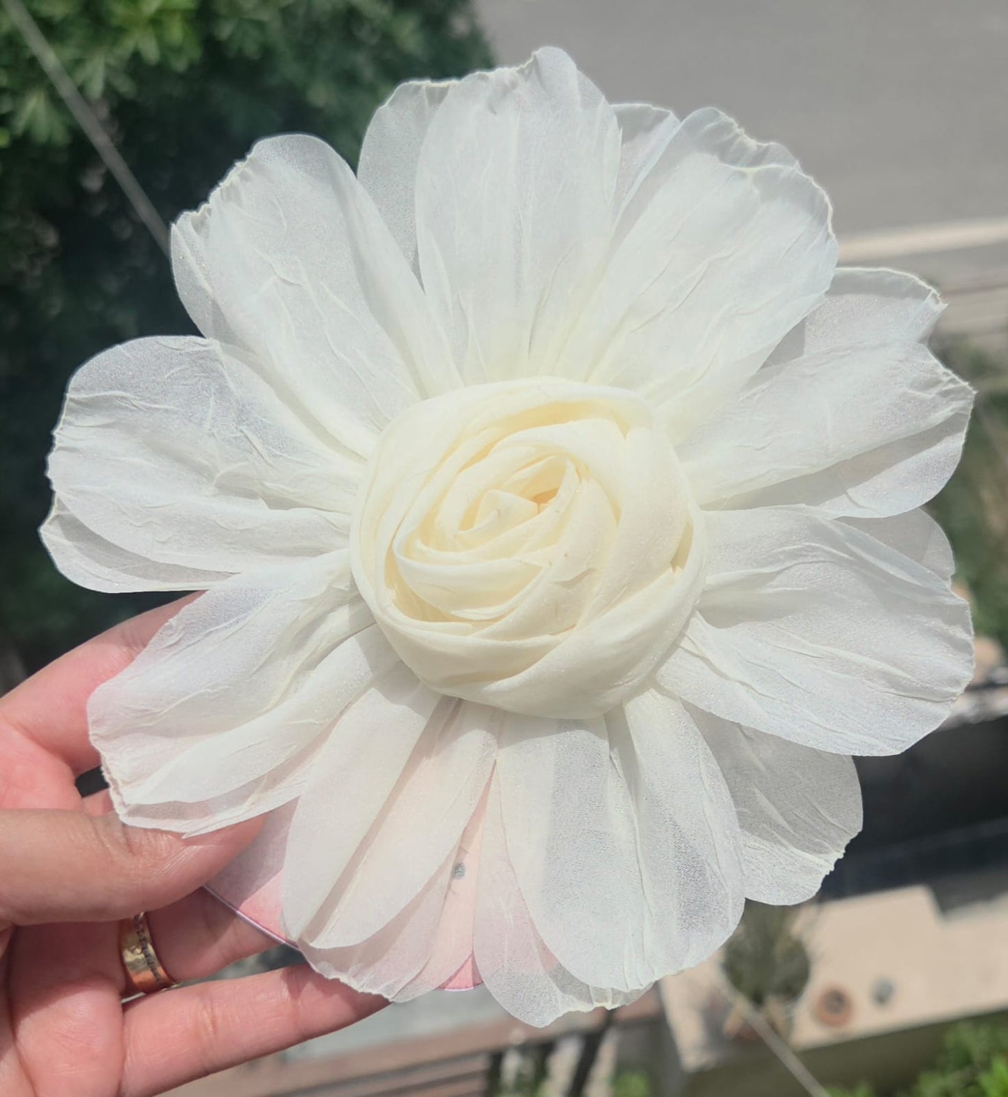    Creamy white fabric flower hair pin statement piece for bridal, wedding, or cottagecore aesthetics.
