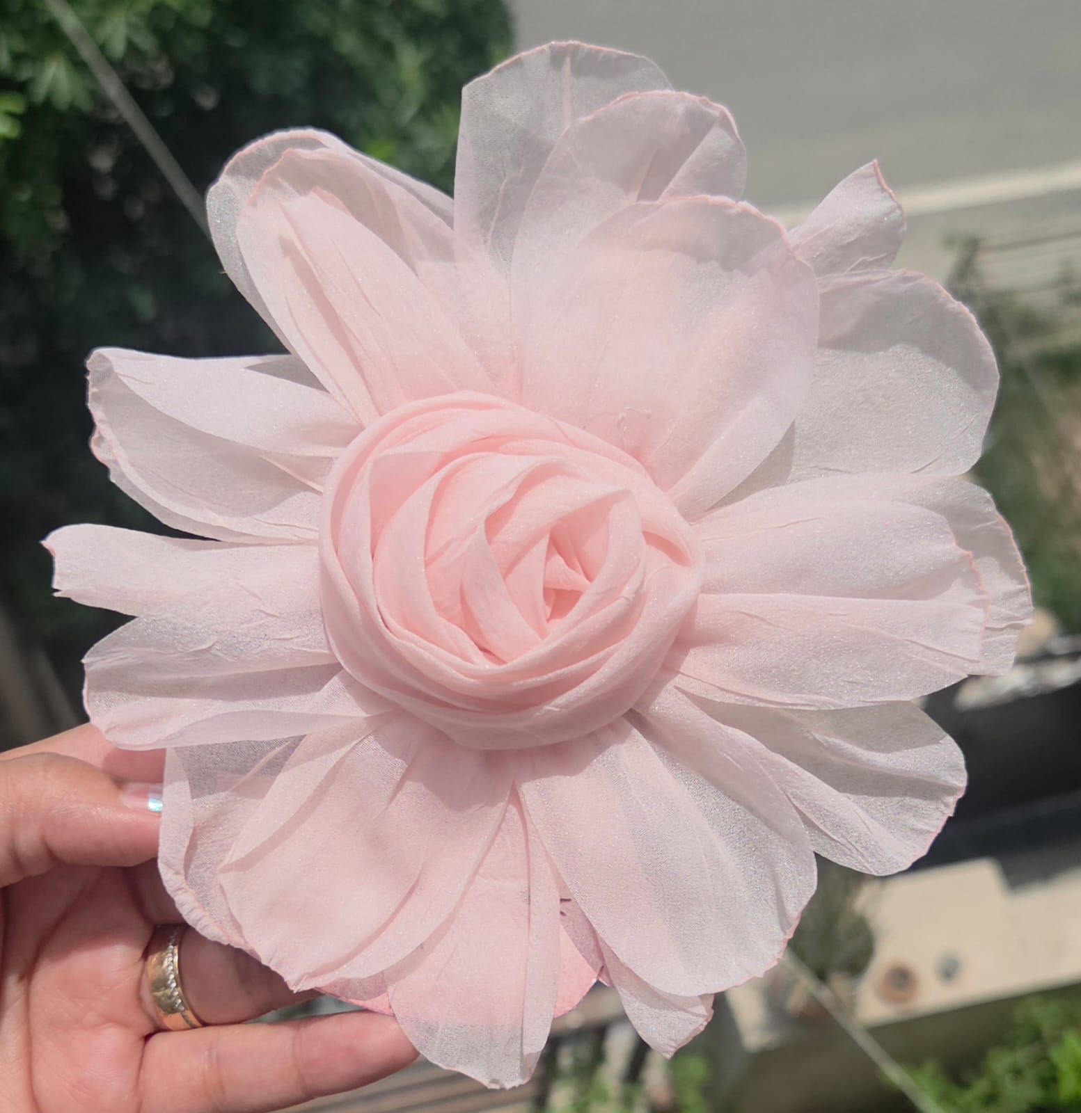    Blush pastel pink chiffon flower hair clip claw alternative for half-up hairstyles and buns.