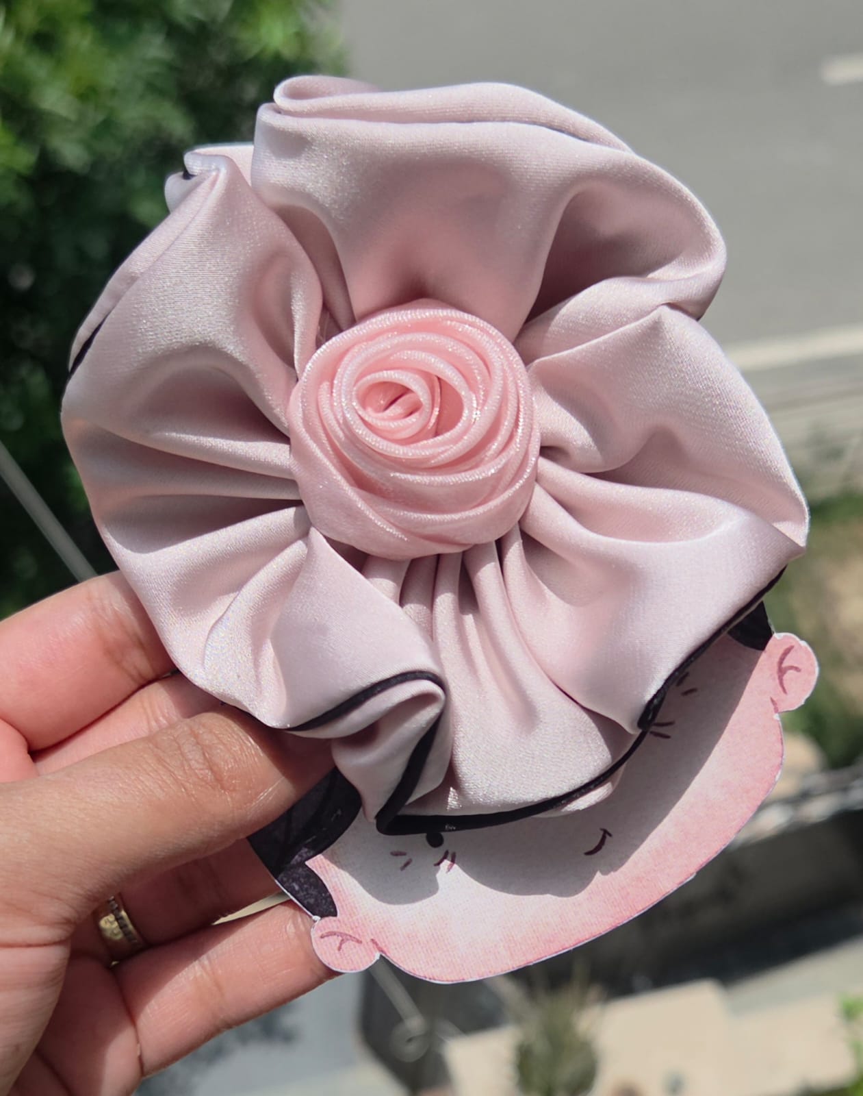 Blush pink and champagne beige satin rosette flower hair clips with alligator backs.