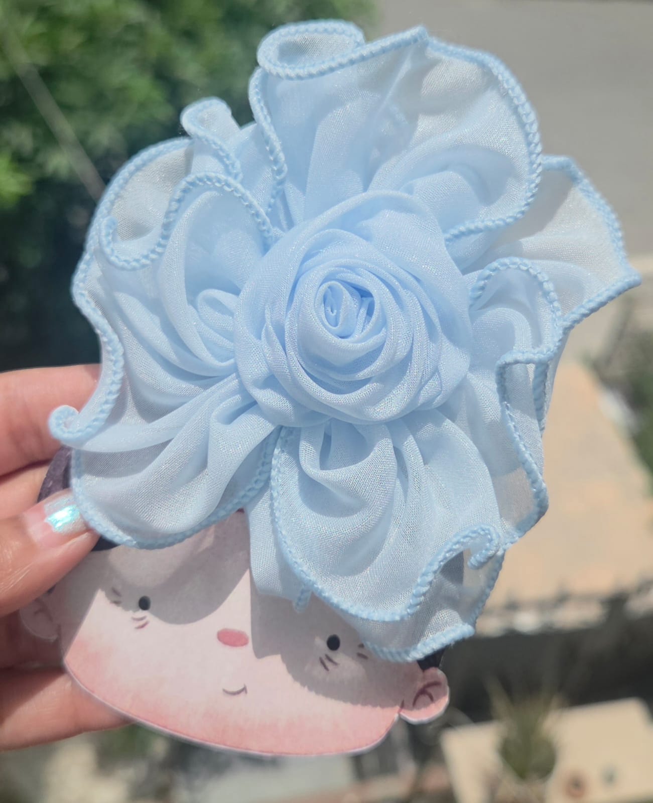 Soft baby blue chiffon rosette flower hair clip, handmade pastel floral hair accessory for women and girls.