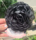 legant classic black organza flower hair barrette clip for formal hairstyles.
