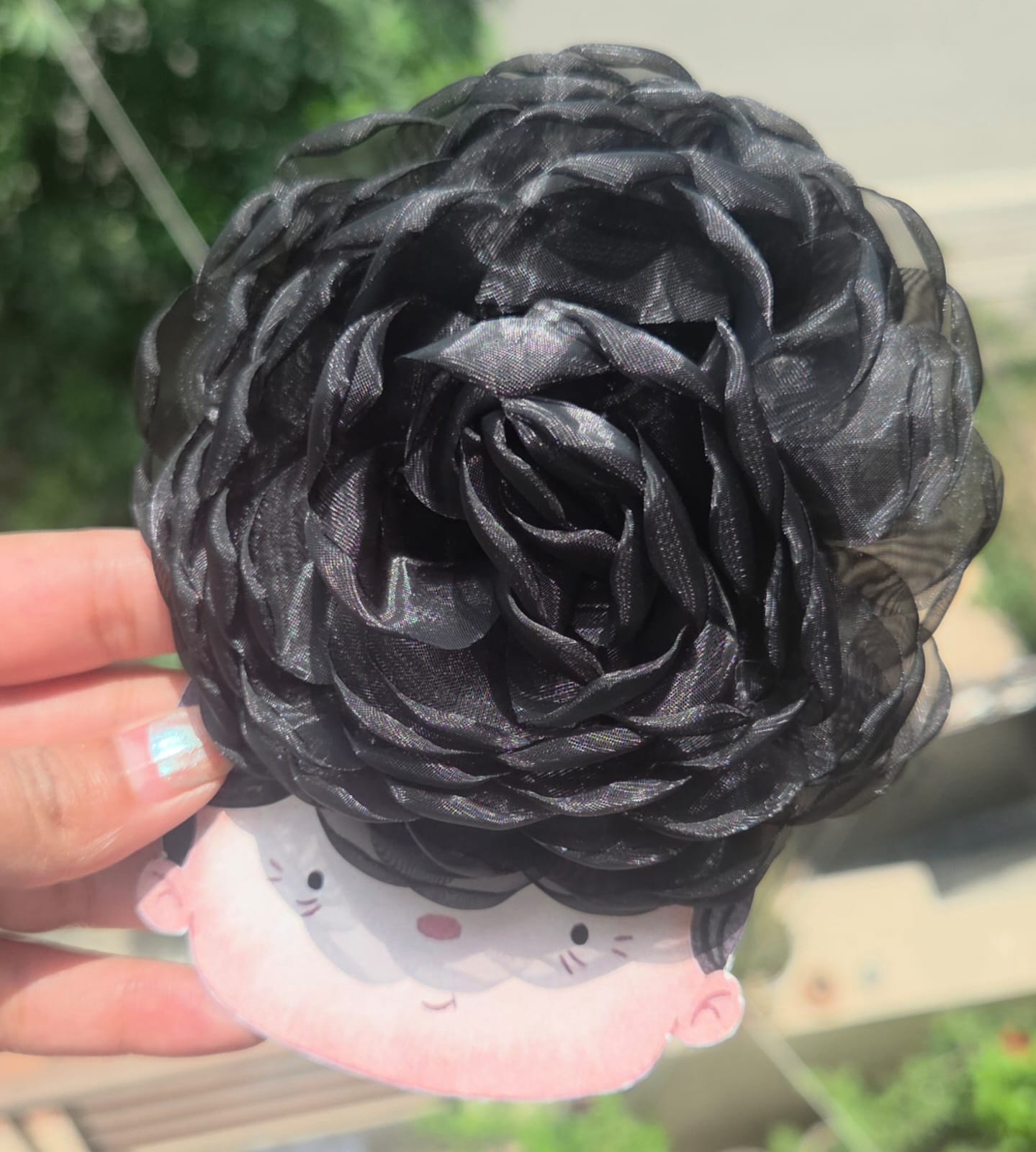 legant classic black organza flower hair barrette clip for formal hairstyles.