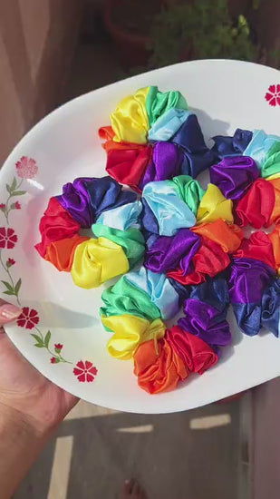 Handmade rainbow satin scrunchie by Pitily Pops