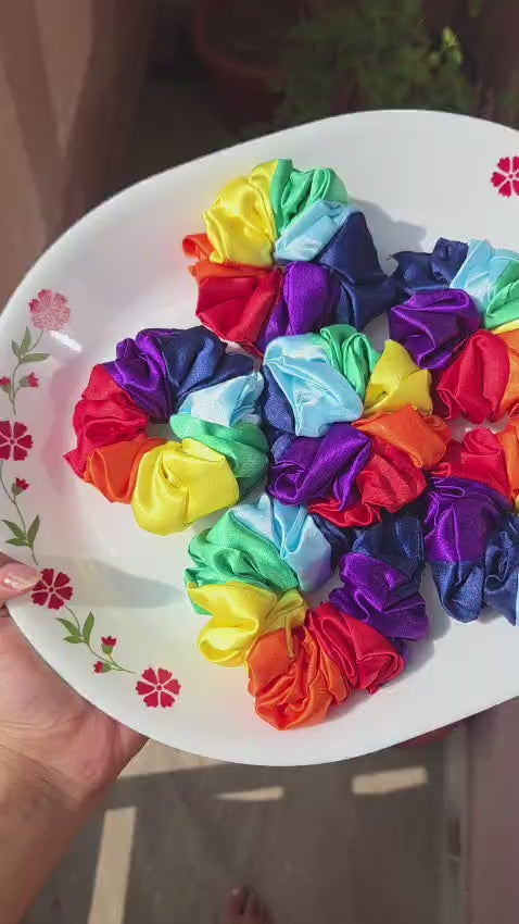 Handmade rainbow satin scrunchie by Pitily Pops