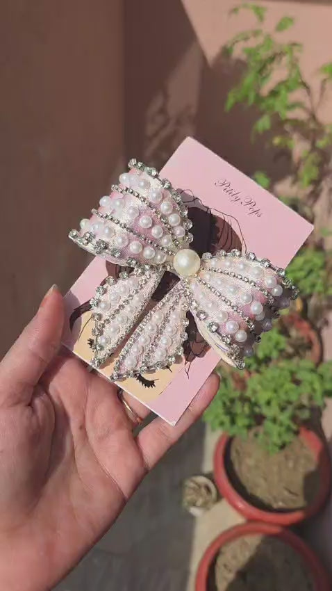 Iridescent pink pearl and rhinestone embellished bow barrette hair clip with secure buckle closure — Pitily Pops