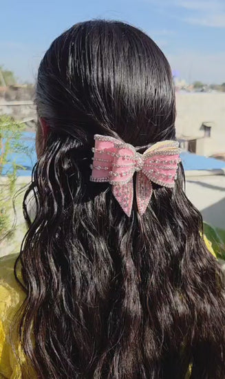 Handmade pink crystal bow clip aesthetic hair accessory for women and girls
