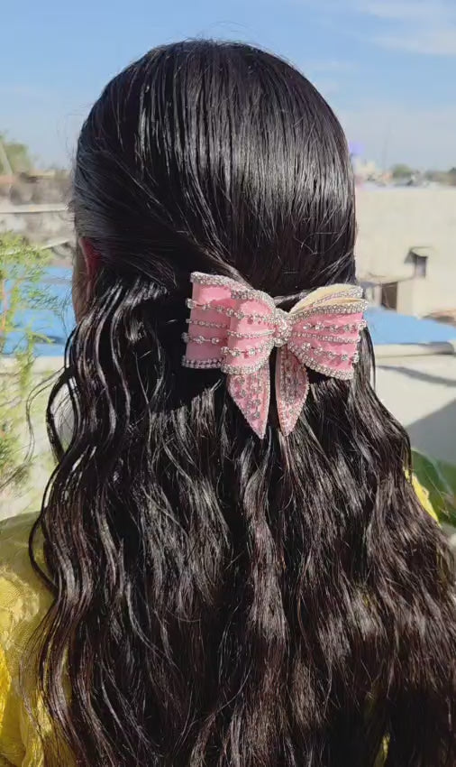 Handmade pink crystal bow clip aesthetic hair accessory for women and girls
