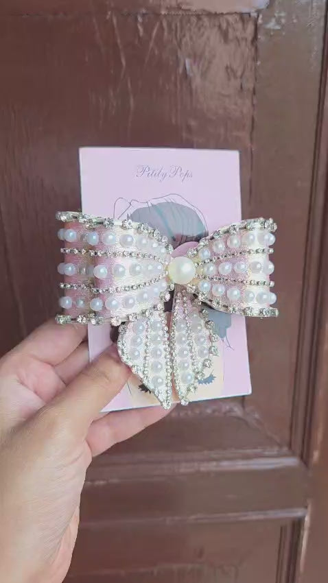 Luxury embellished hair bow barrette with iridescent shimmer fabric, faux pearls and silver rhinestone border by Pitily Pops